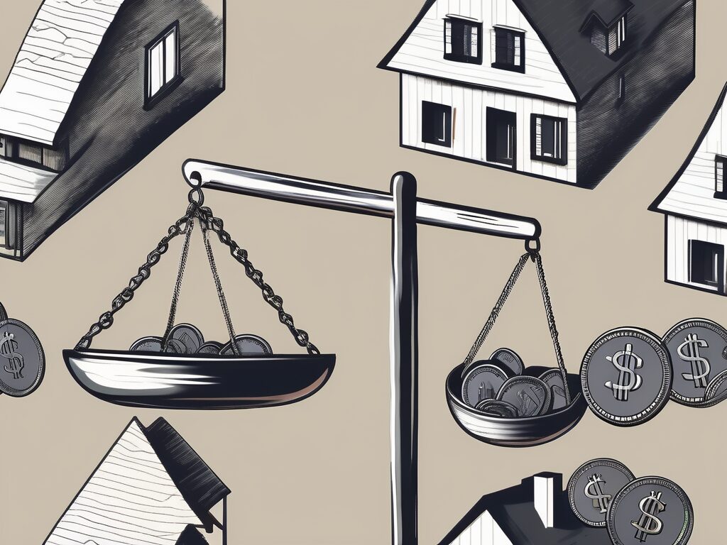 A scale balancing a house and coins