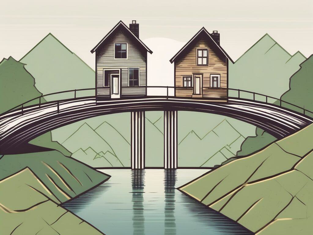 A symbolic bridge made of dollar bills connecting two houses