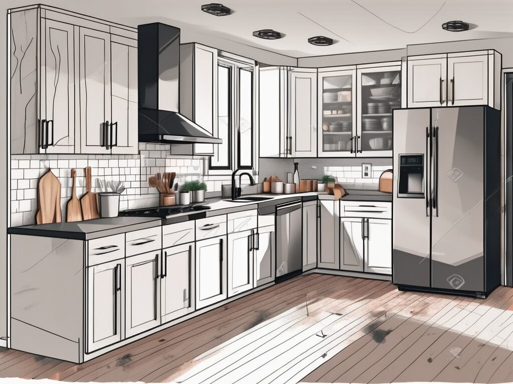 A modern kitchen with a variety of cabinets in the process of being installed