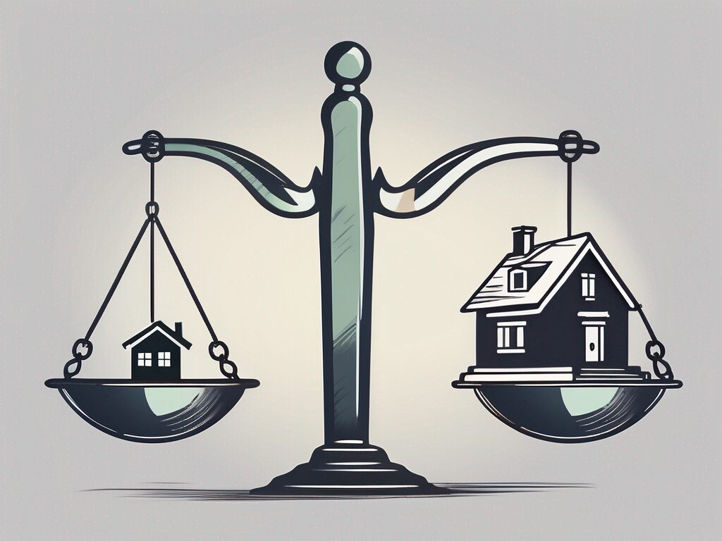 A scale balanced evenly with a house icon on one side representing buying and a key on the other side representing renting