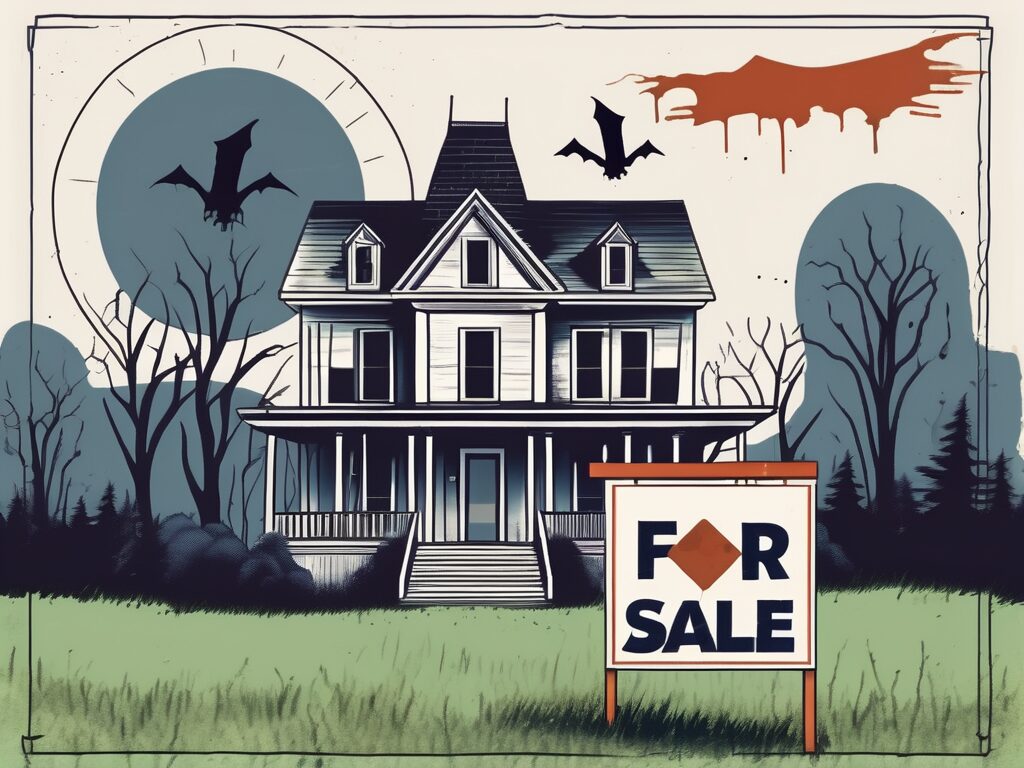 A haunted house with a 'for sale' sign on the lawn