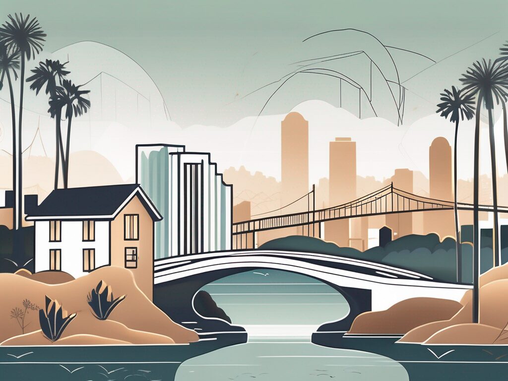 A picturesque san diego landscape with symbolic elements like a key unlocking a house and a bridge