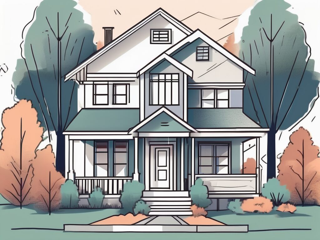 A traditional house with a large "for sale" sign in the front yard