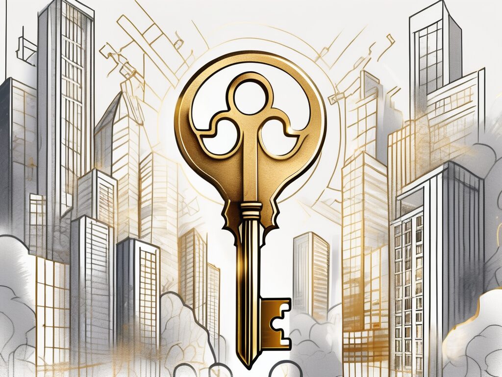 A golden key with various real estate elements such as houses