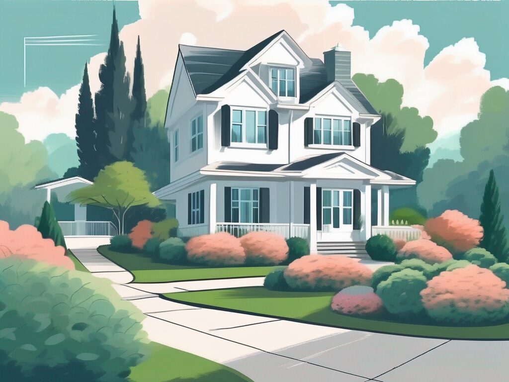A house in pristine condition surrounded by well-manicured gardens with a 'for sale' sign on the front lawn