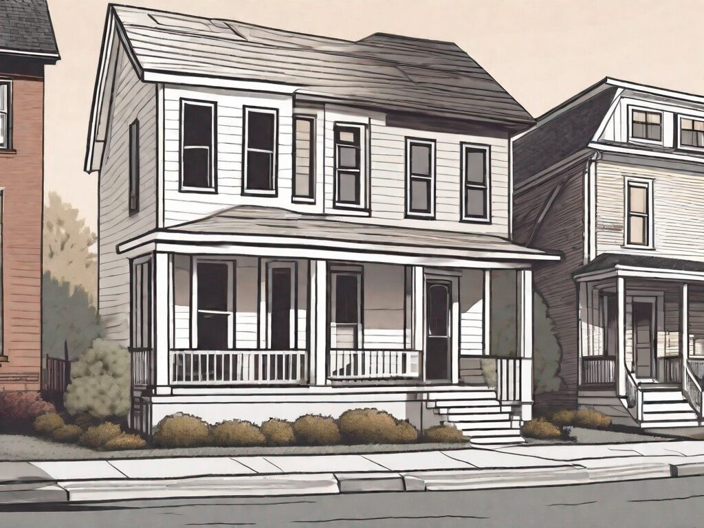 A charming house mid-flip in the air against the backdrop of schenectady's cityscape