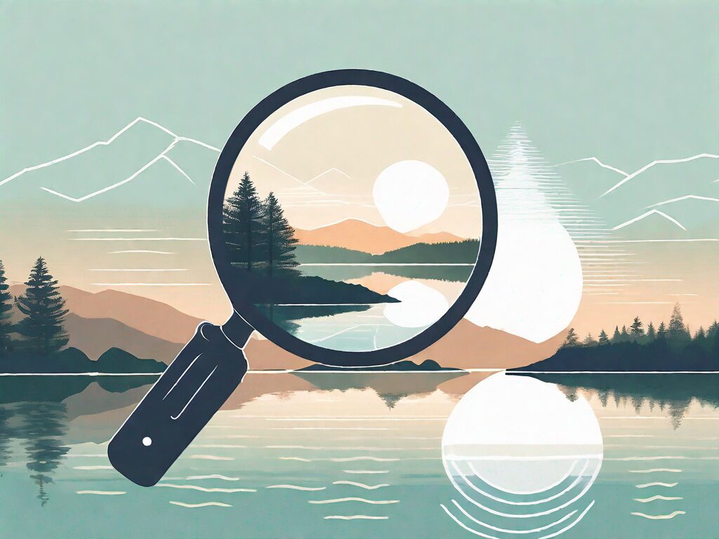 A magnifying glass hovering over a serene lake surrounded by countryside