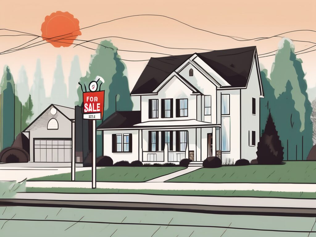 A house with a "for sale" sign in the yard