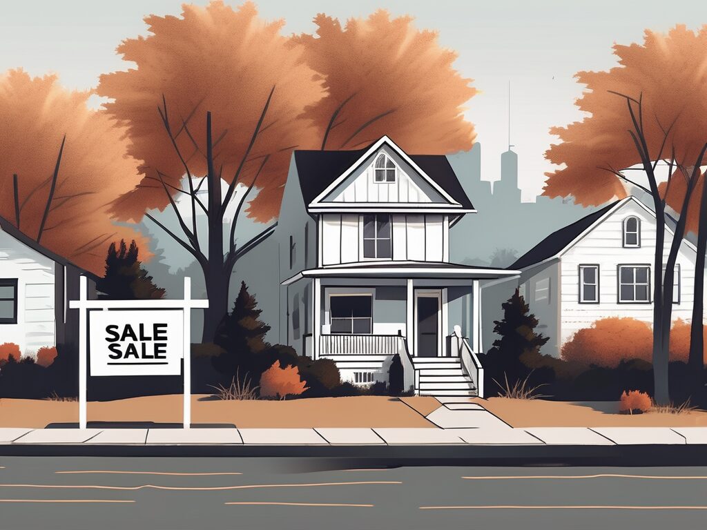 A traditional house with a 'for sale' sign in the front yard