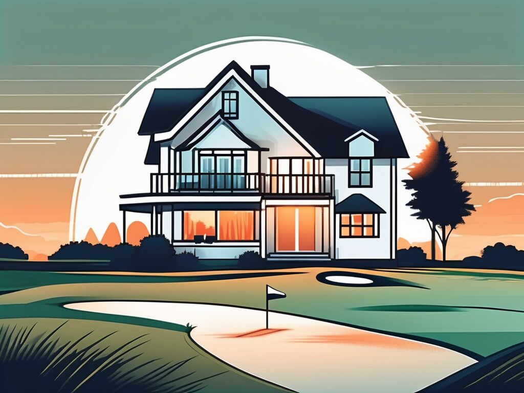 A house with a 'for sale' sign on a golf course