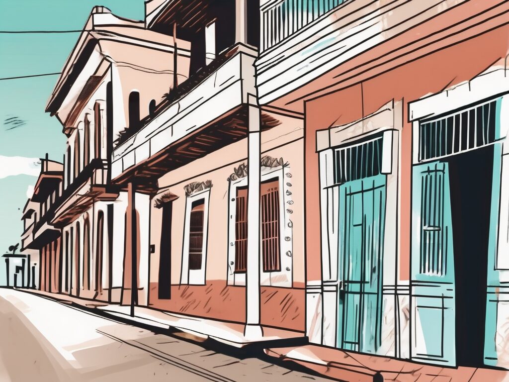 A traditional cuban house with a 'for sale' sign in the front yard