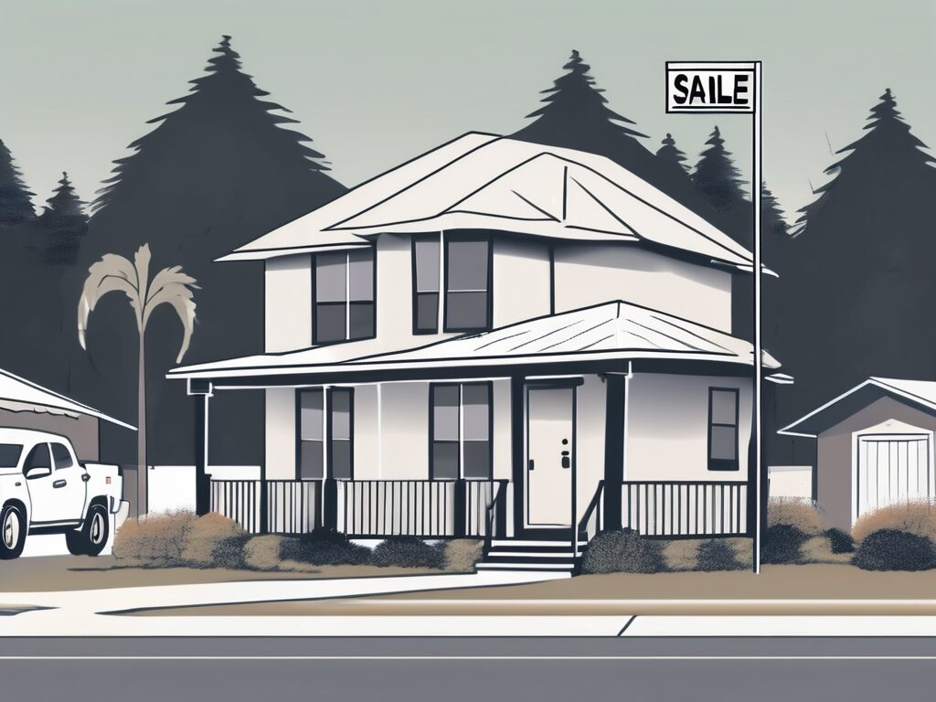 A picturesque lake alfred house with a 'for sale' sign in the front yard