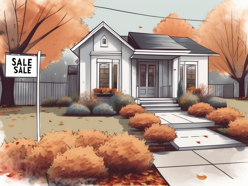 A stylized melbourne village house with a "for sale" sign in the front yard