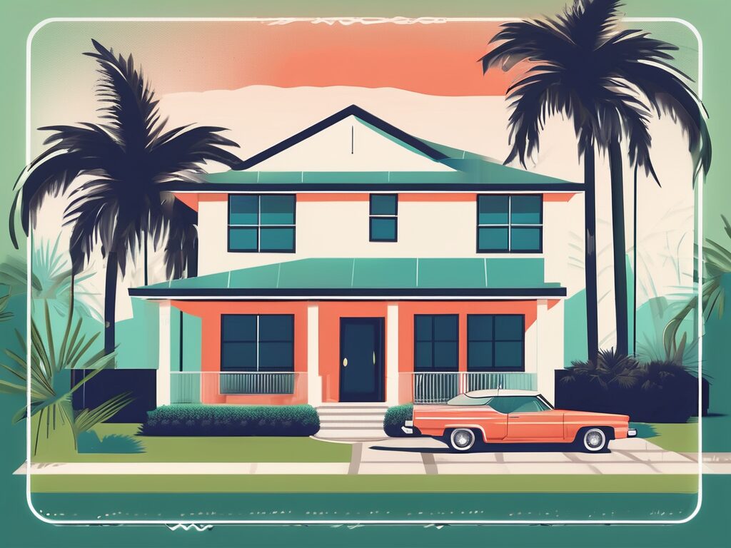 A stylized miami gardens home with a "for sale" sign in the front yard