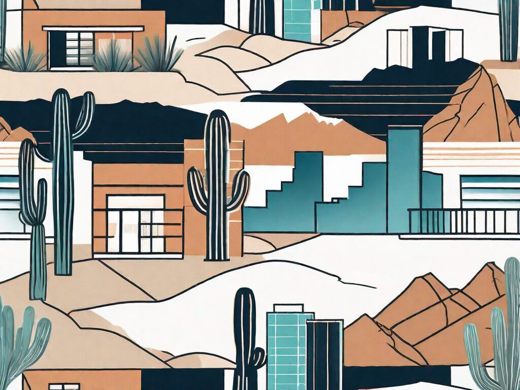 A diverse array of architectural styles of houses spread across a desert landscape with las vegas' famous skyline in the background