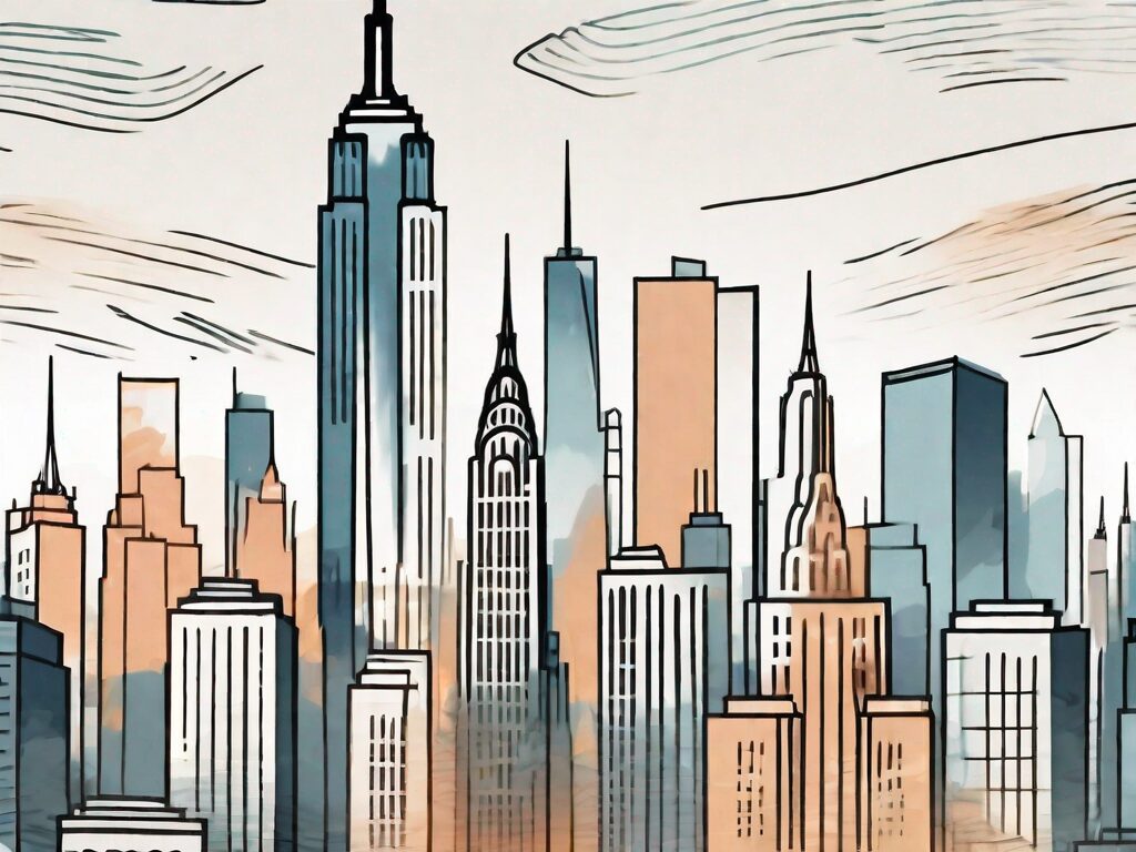 A stylized new york skyline with a symbolic representation of a contract (like a scroll or document) in the foreground