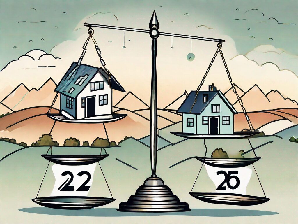 A balanced scale with houses on one side and dollar signs on the other