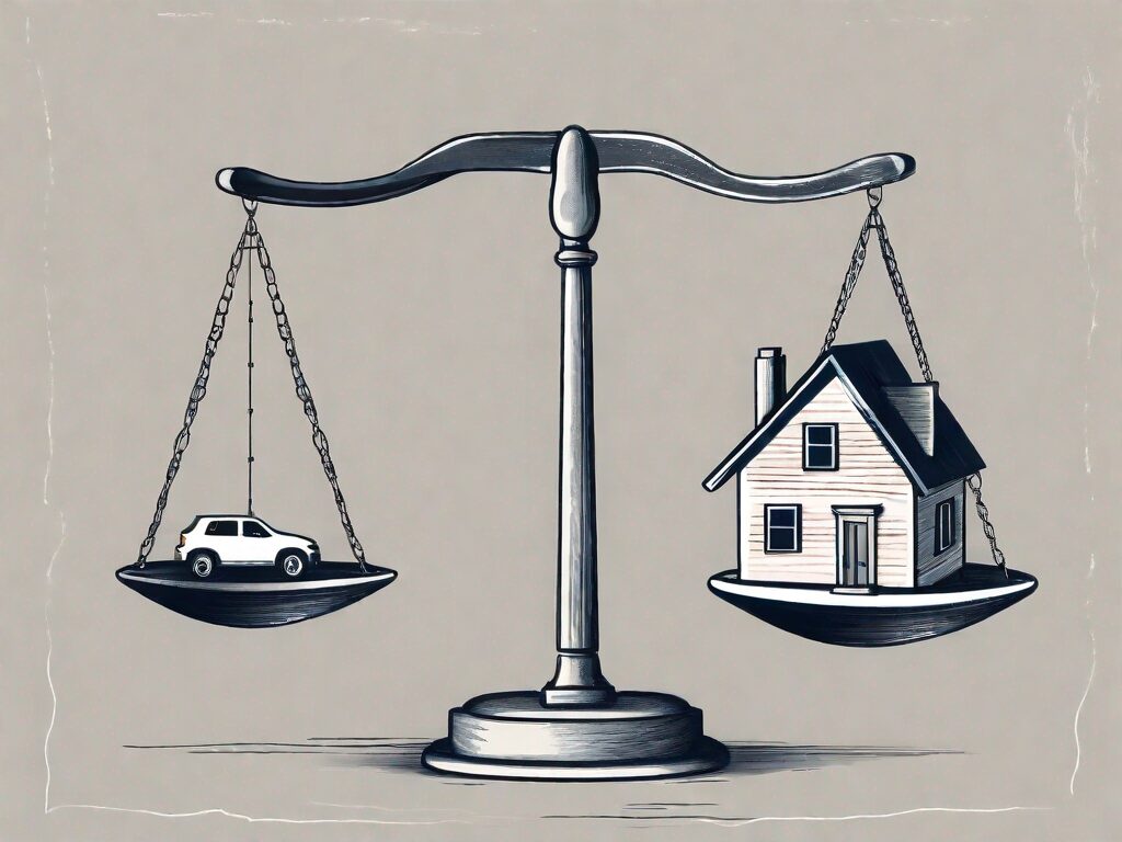 A balanced scale with a house on one side signifying the real estate market