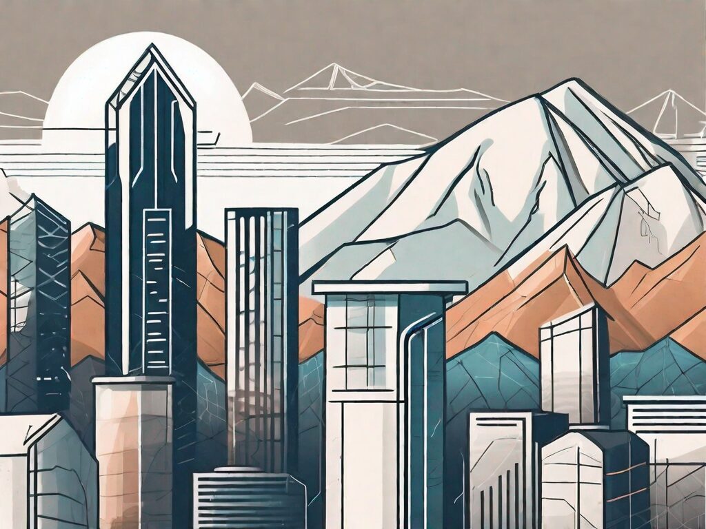 A futuristic utah cityscape with high-tech buildings and a signboard with a house symbol