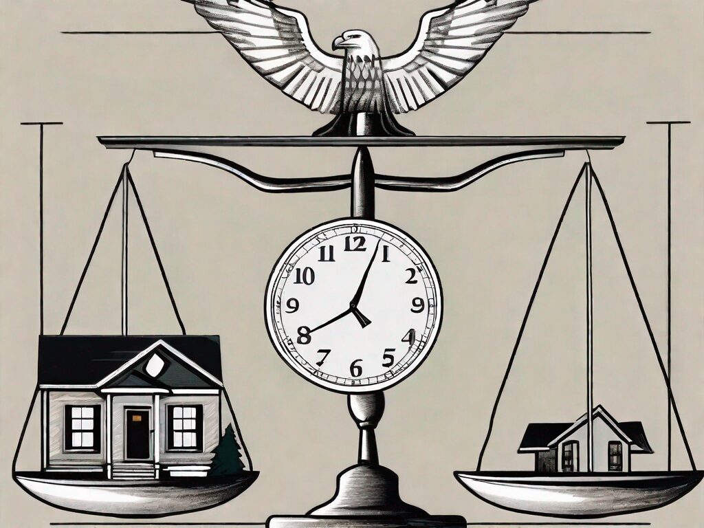 A balanced scale with a house on one side and the state of north dakota on the other