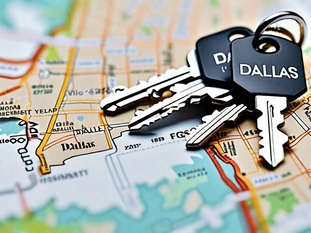 A pair of keys on top of a real estate map of dallas