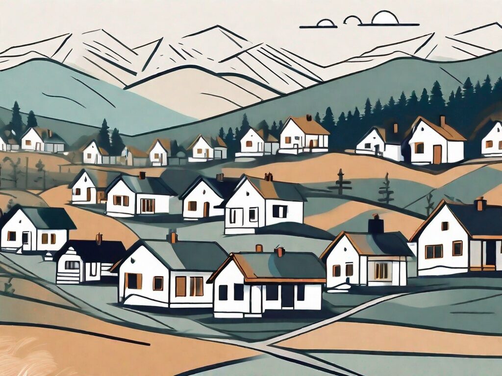 A picturesque montana landscape with various stylized houses