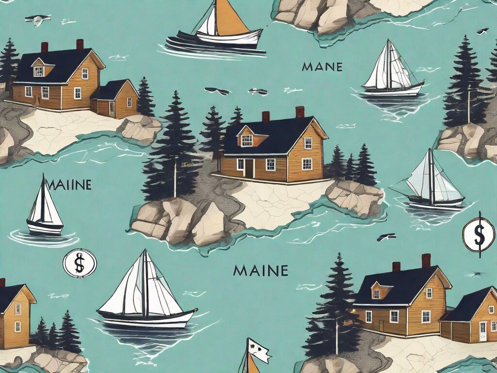 A detailed map of maine with symbolic icons of houses and dollar signs