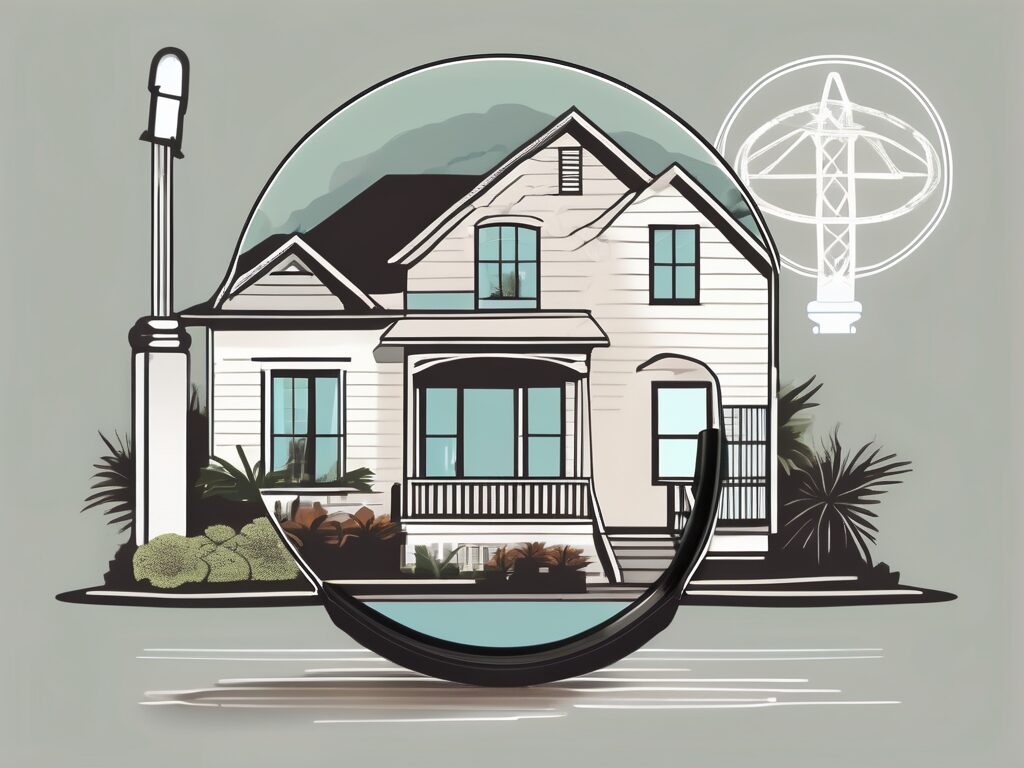 A typical house in new port richey florida with symbolic elements like a magnifying glass hovering over it