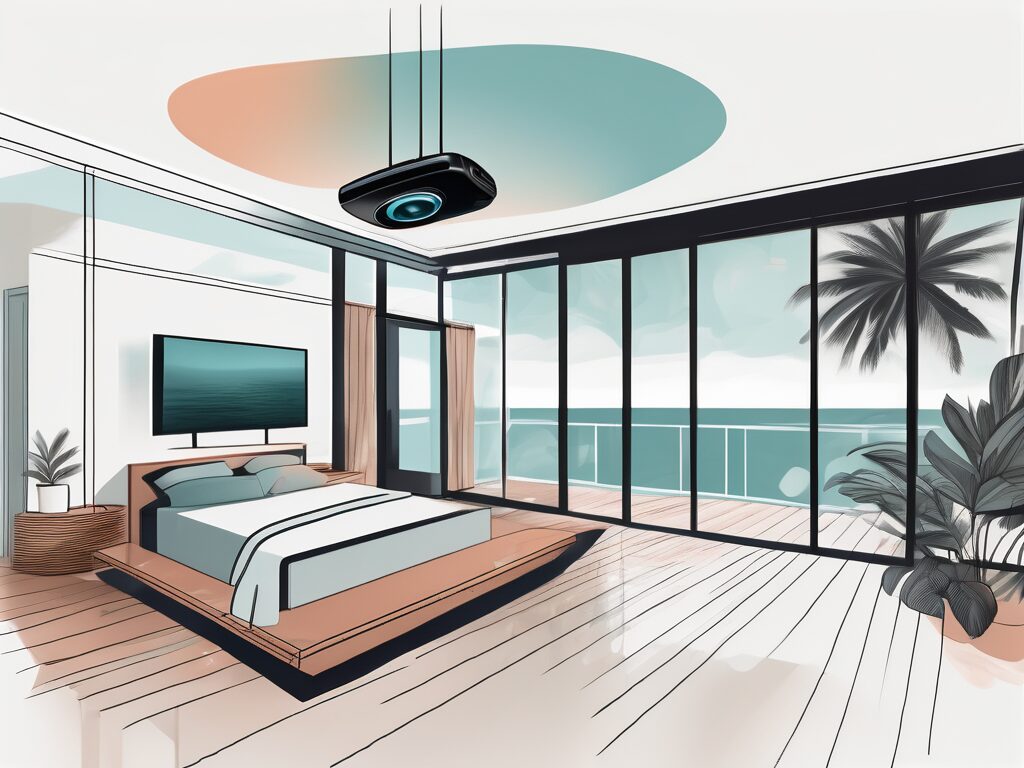A modern home in key west with a virtual reality headset floating above it