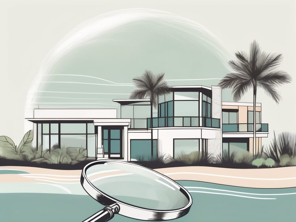 A serene highland beach florida landscape with a few prominent title company buildings and a magnifying glass hovering over them
