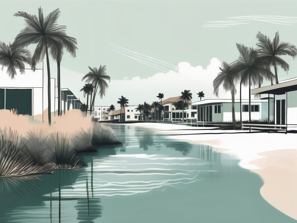 A serene lake worth beach landscape in florida with a few prominent title company buildings in the background