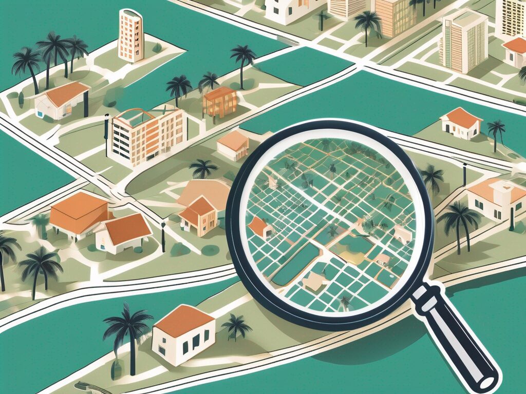 A magnifying glass hovering over a stylized map of royal palm beach