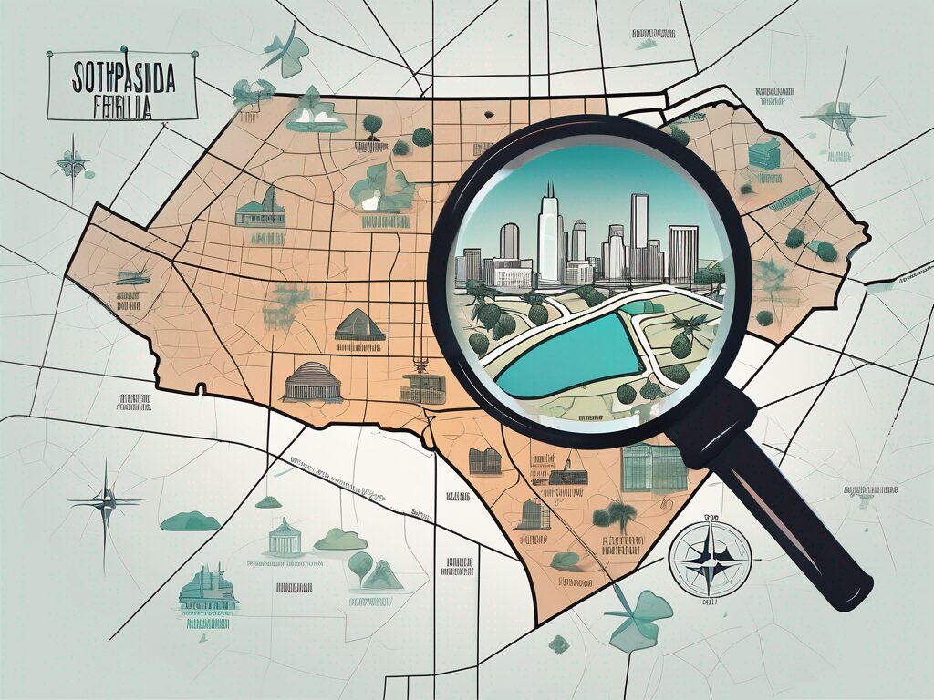 A magnifying glass hovering over a stylized map of south pasadena