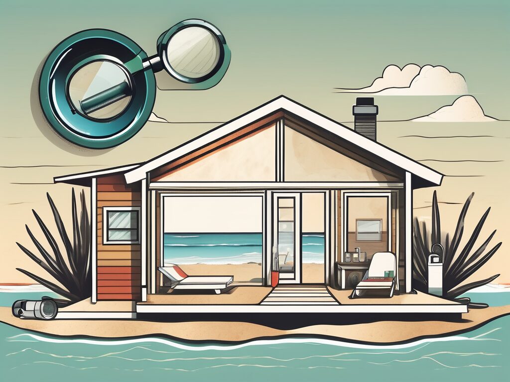 A mexican beach house with a "for sale" sign