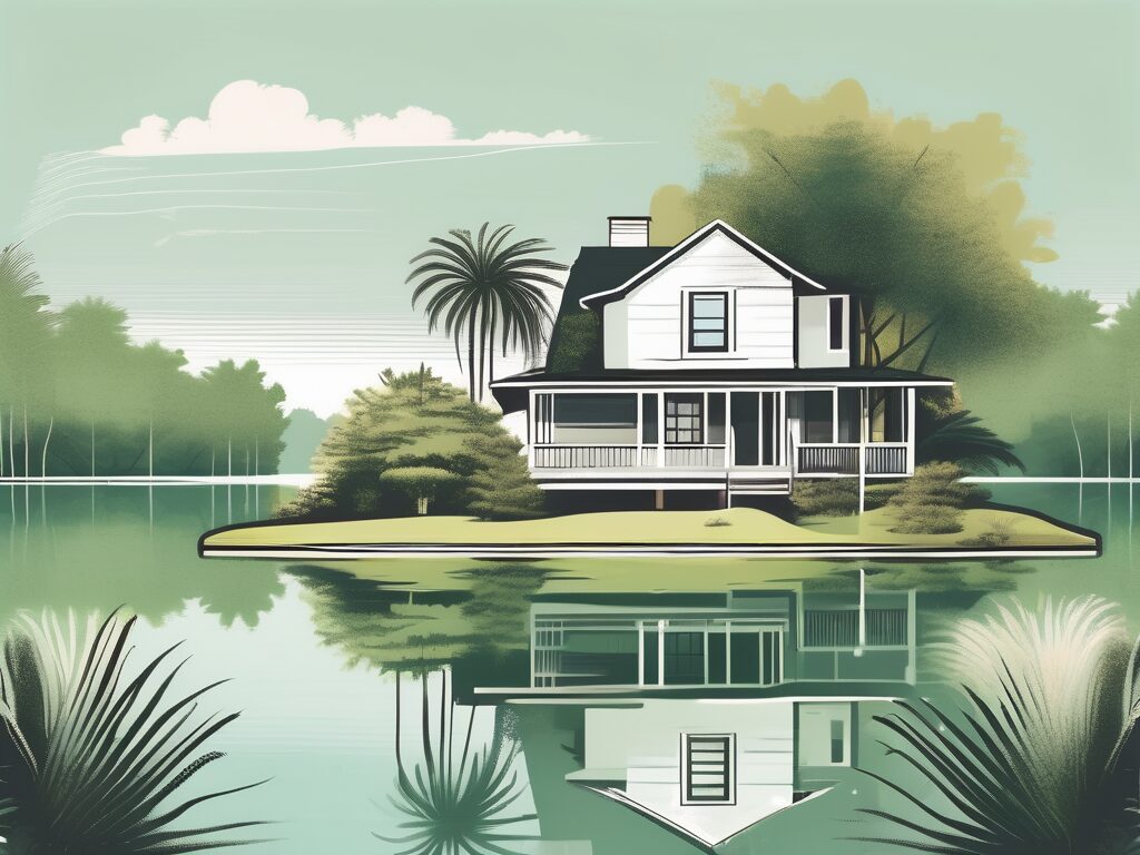 A quaint house surrounded by lush greenery and a serene lake