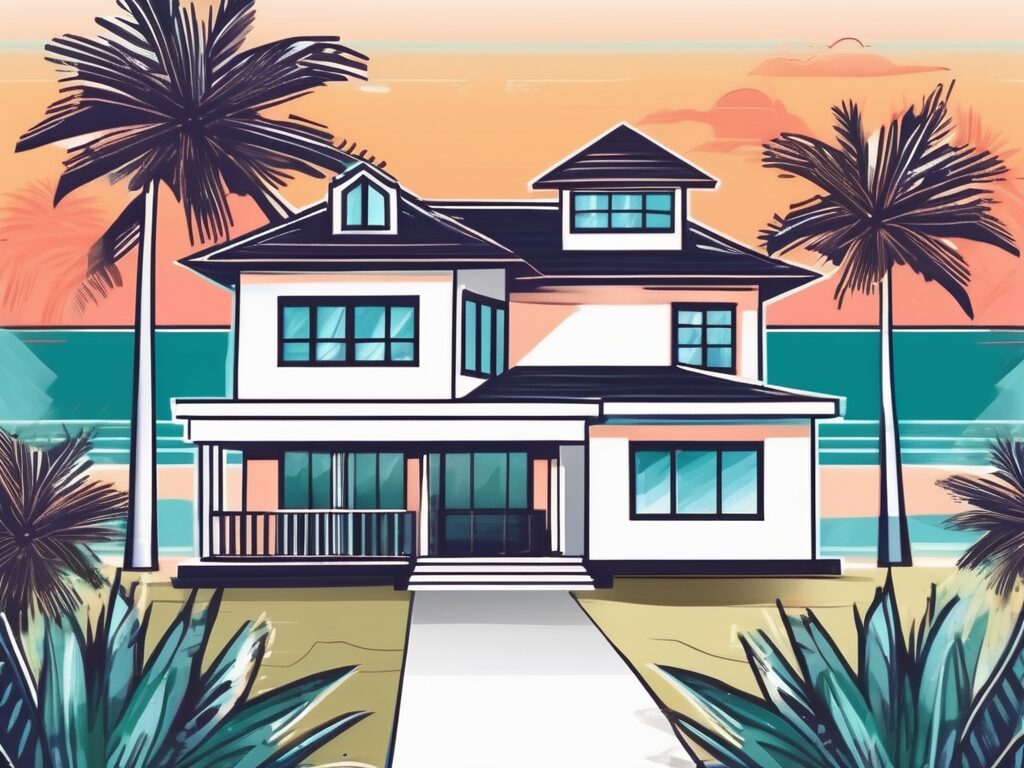 A vibrant miami skyline with a 'for sale' sign in front of a stylish home
