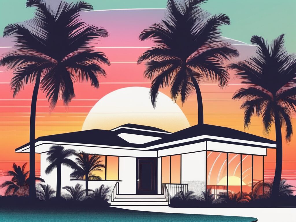 A vibrant miami beach property with a 'sold' sign in the front yard