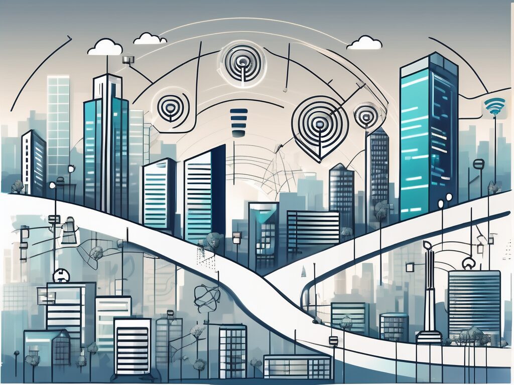 A modern cityscape with various real estate properties