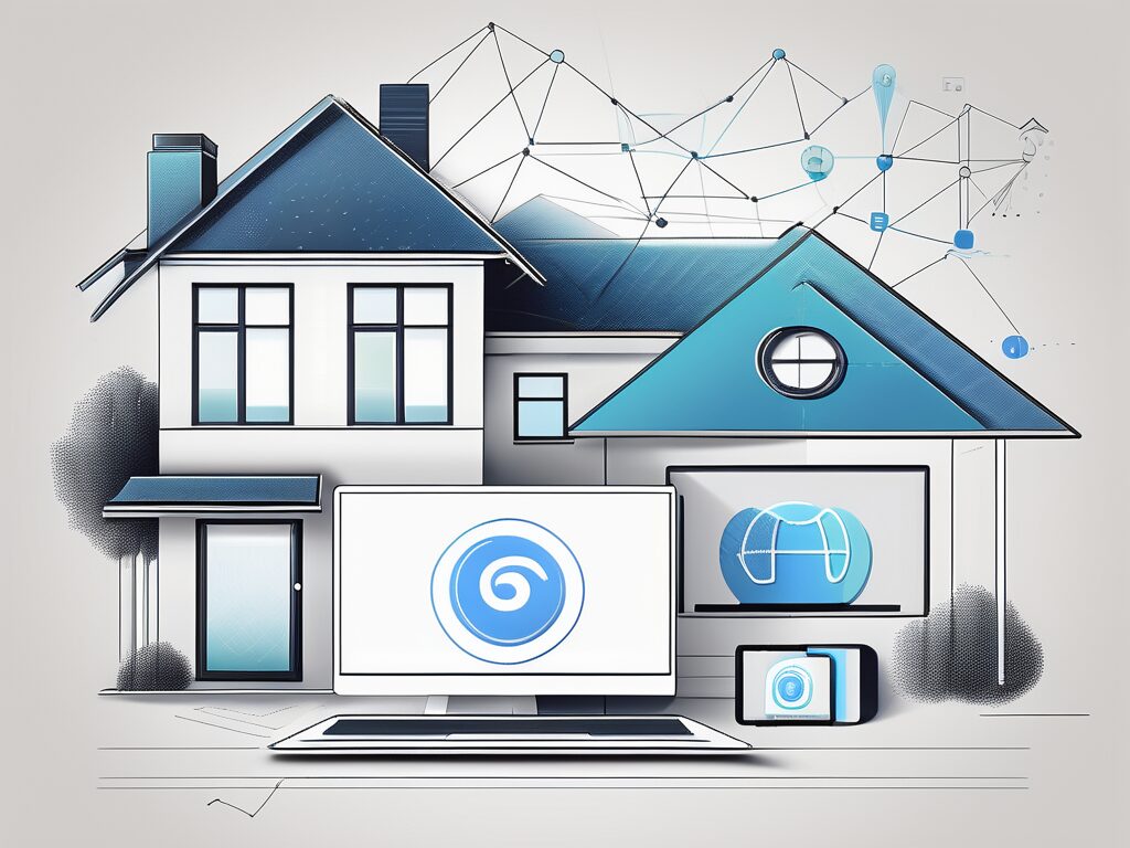 A modern home with digital marketing elements like a search engine icon