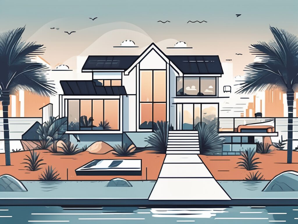 A modern house with a "for sale" sign in the front yard