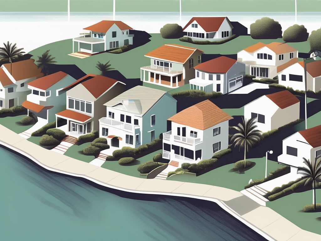 A picturesque bay harbor islands neighborhood with various houses showcasing 'for sale' signs