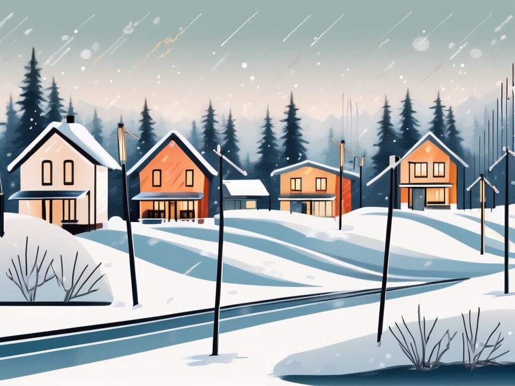 A winter park landscape with various houses showcasing 'for sale' signs