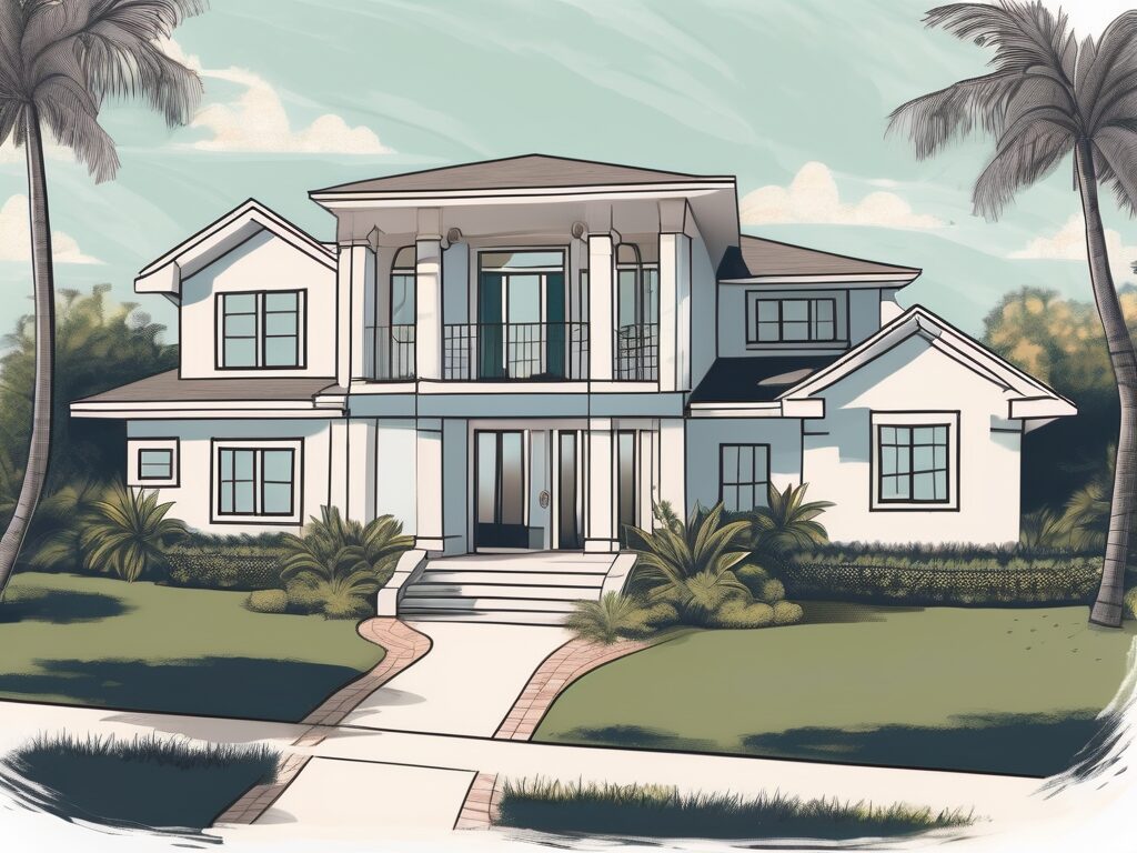 A picturesque belleair shore home with a 'for sale' sign in the front yard