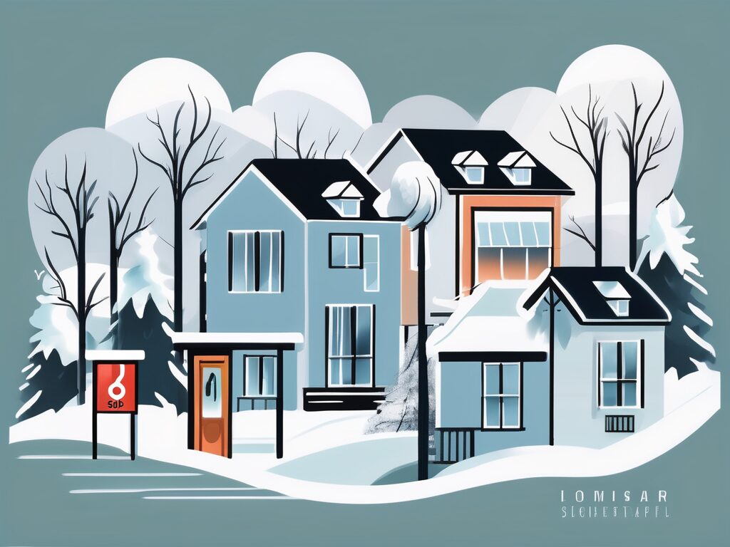 A winter landscape in winter springs with various homes showcasing 'for sale' signs