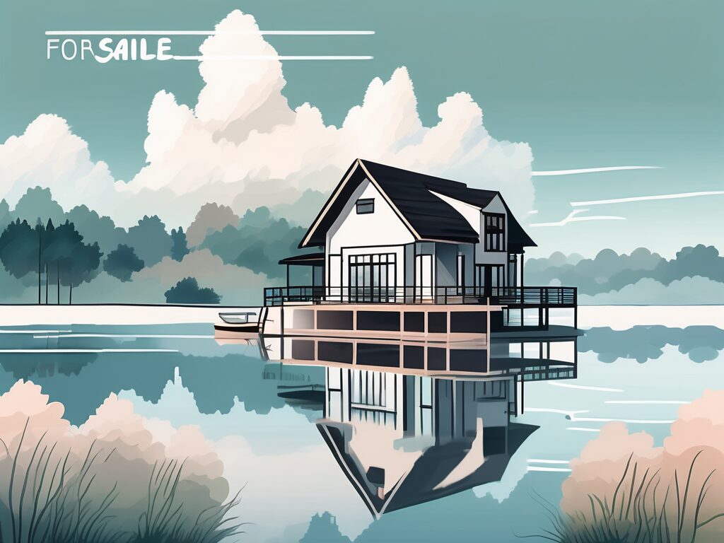 A traditional house with a for-sale sign in the front yard