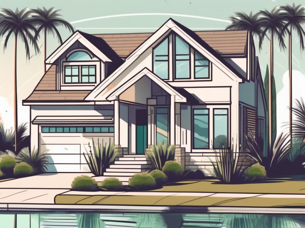 A traditional suburban house with a 'for sale' sign in the front yard