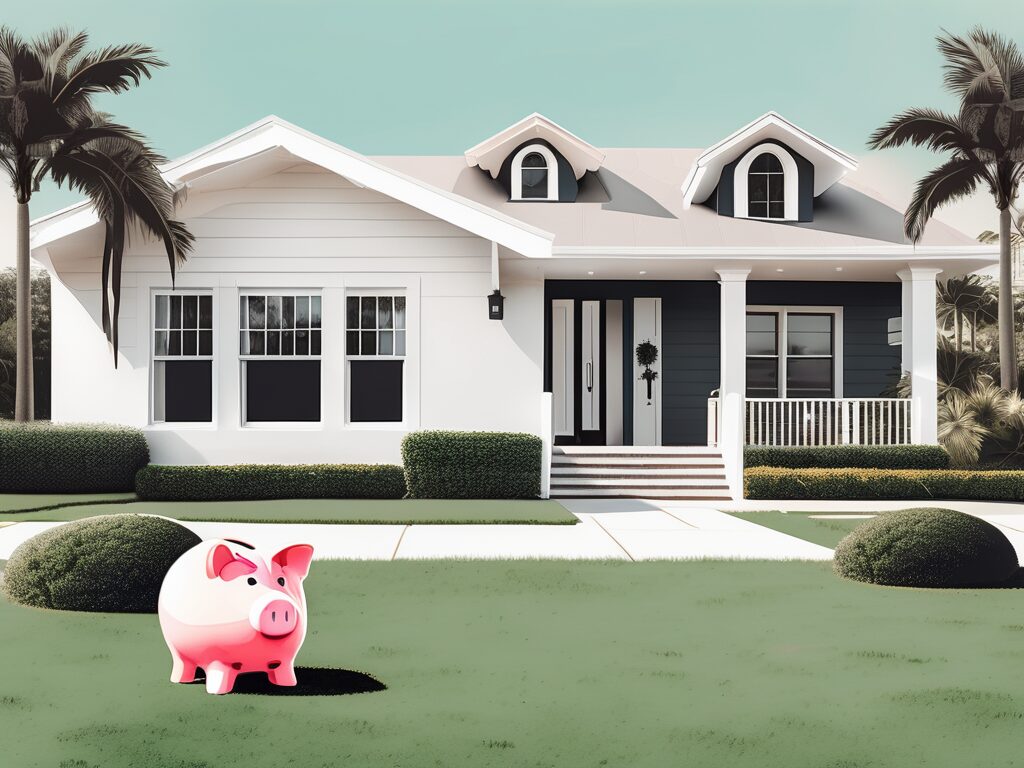 A picturesque lauderdale-by-the-sea home with a "for sale" sign on the lawn