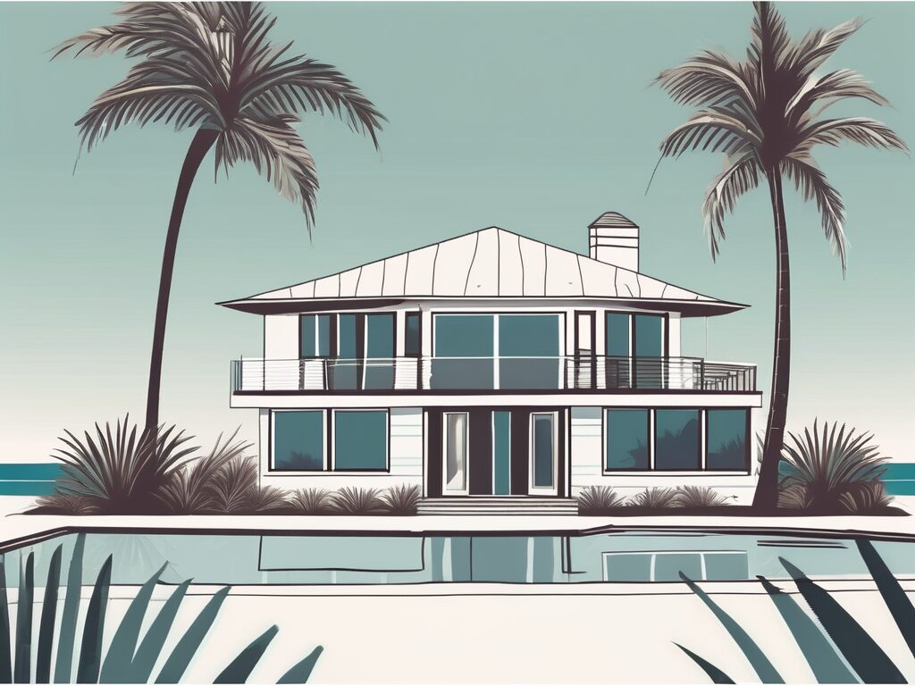 A picturesque madeira beach house with a 'for sale' sign in the front yard