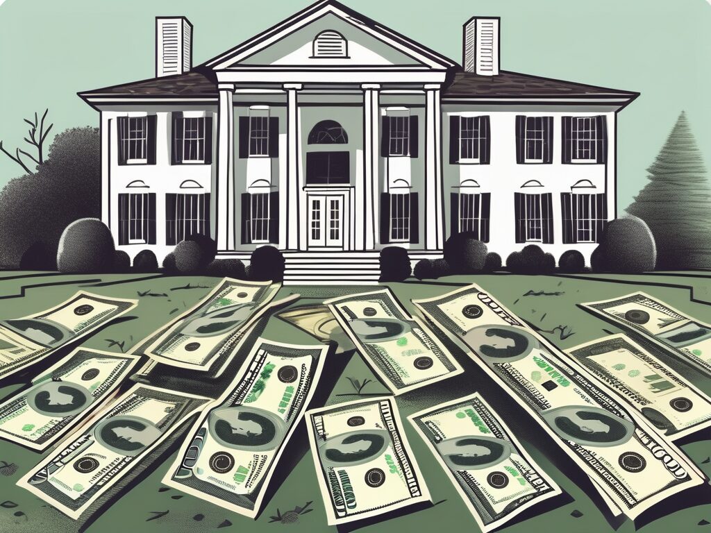 A traditional monticello home with a 'for sale' sign in the yard