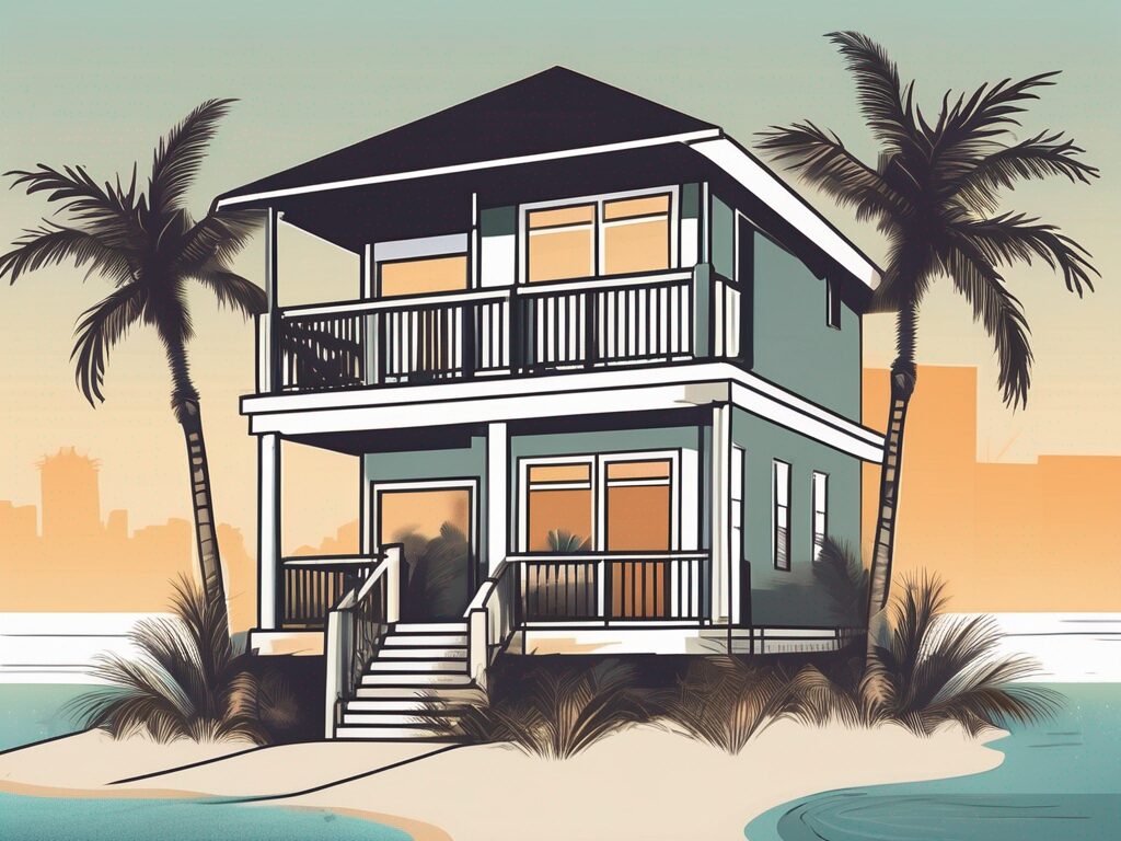 A picturesque panama city beach home with a 'for sale' sign in the front yard